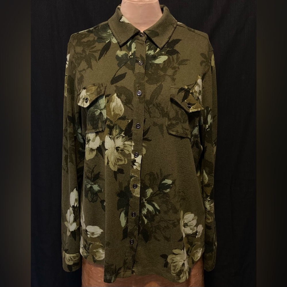 Denim & Company Camo Floral Fleece Button-Up Shacket
